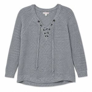 It's Our Time Sweater Juniors Medium Gray Lace Up V Neck Chunky Knit Long Sleeve